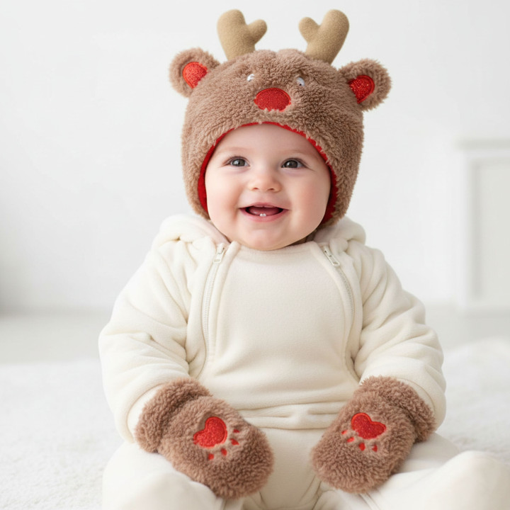 Warme winteroutfit voor kinderen, pluche muts + handschoenen Rendier