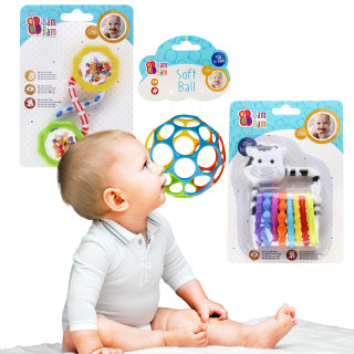 Bam Bam - Babyset, 2x rammelaar + rubberen bal, educatief speelgoed