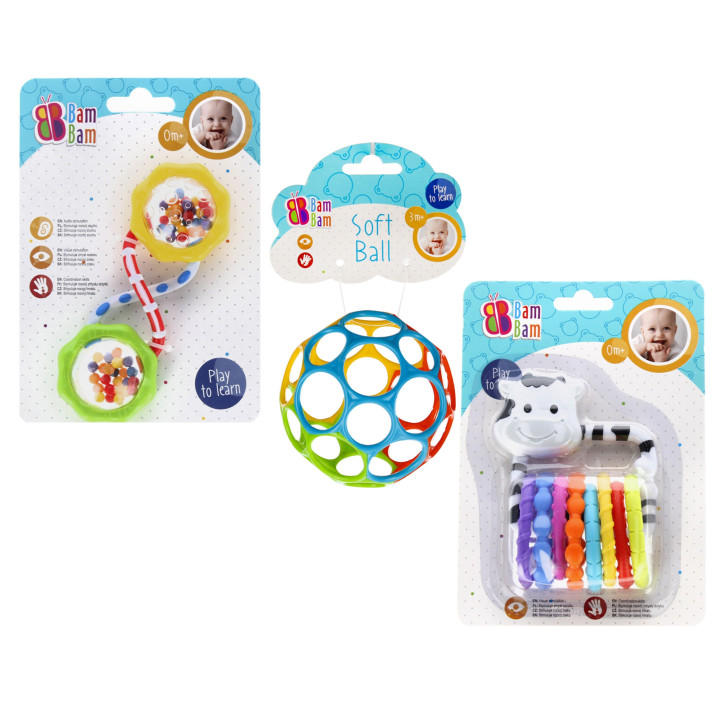 Bam Bam - Babyset, 2x rammelaar + rubberen bal, educatief speelgoed