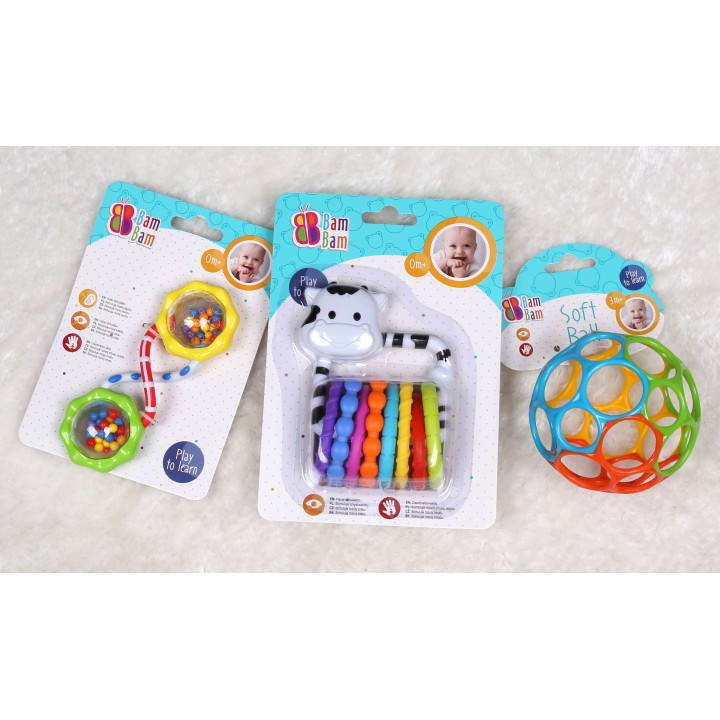 Bam Bam - Babyset, 2x rammelaar + rubberen bal, educatief speelgoed
