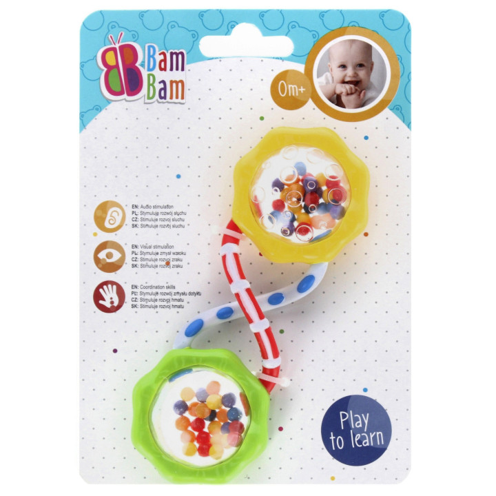 Bam Bam - Babyset, 2x rammelaar + rubberen bal, educatief speelgoed