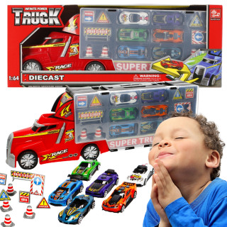 MEGA CREATIVE - Metalen vrachtwagen, sleepwagen/container met kleine auto's en wegaccessoires, voor vanaf 3 jaar