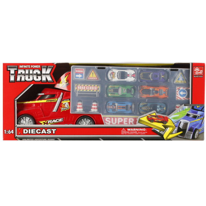 MEGA CREATIVE - Metalen vrachtwagen, sleepwagen/container met kleine auto's en wegaccessoires, voor vanaf 3 jaar