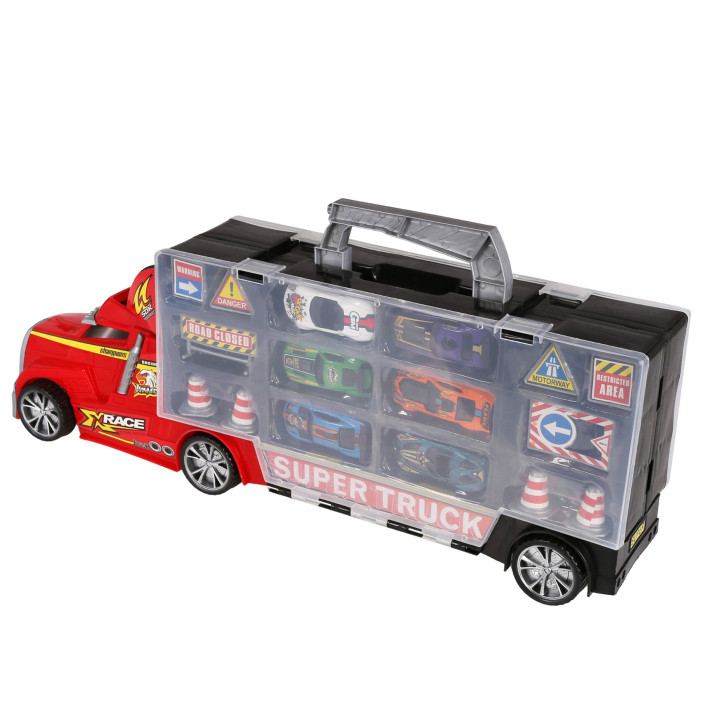 MEGA CREATIVE - Metalen vrachtwagen, sleepwagen/container met kleine auto's en wegaccessoires, voor vanaf 3 jaar