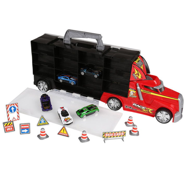 MEGA CREATIVE - Metalen vrachtwagen, sleepwagen/container met kleine auto's en wegaccessoires, voor vanaf 3 jaar
