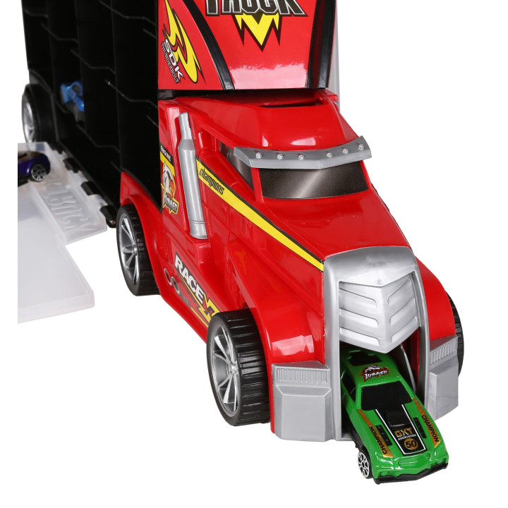 MEGA CREATIVE - Metalen vrachtwagen, sleepwagen/container met kleine auto's en wegaccessoires, voor vanaf 3 jaar
