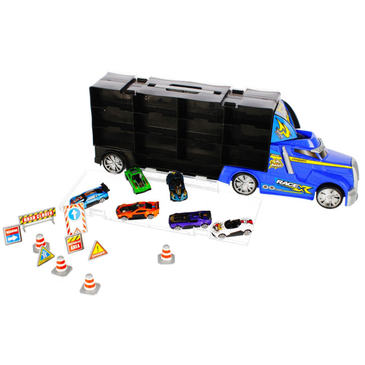 MEGA CREATIVE - Metalen vrachtwagen, sleepwagen/container met kleine auto's en wegaccessoires, voor vanaf 3 jaar