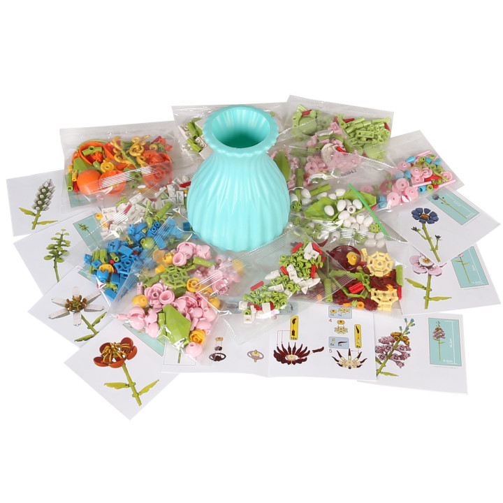 Boeketten van bouwstenen, COMPATIBEL MET LEGO, 8 BLOEMEN in een vaas, DIY-SET, 793 onderdelen 6+
