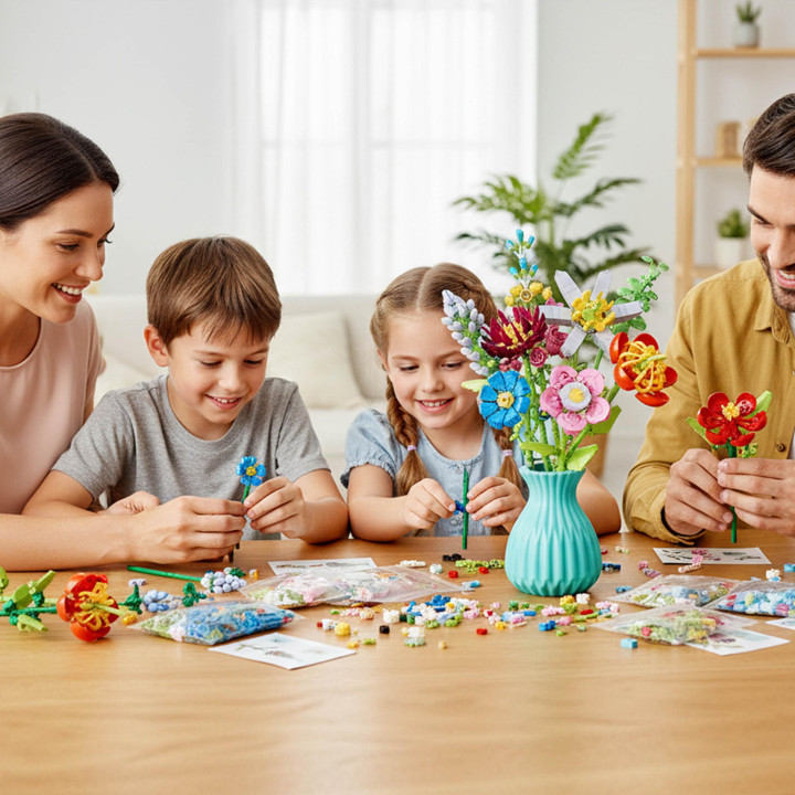 Boeketten van bouwstenen, COMPATIBEL MET LEGO, 8 BLOEMEN in een vaas, DIY-SET, 793 onderdelen 6+
