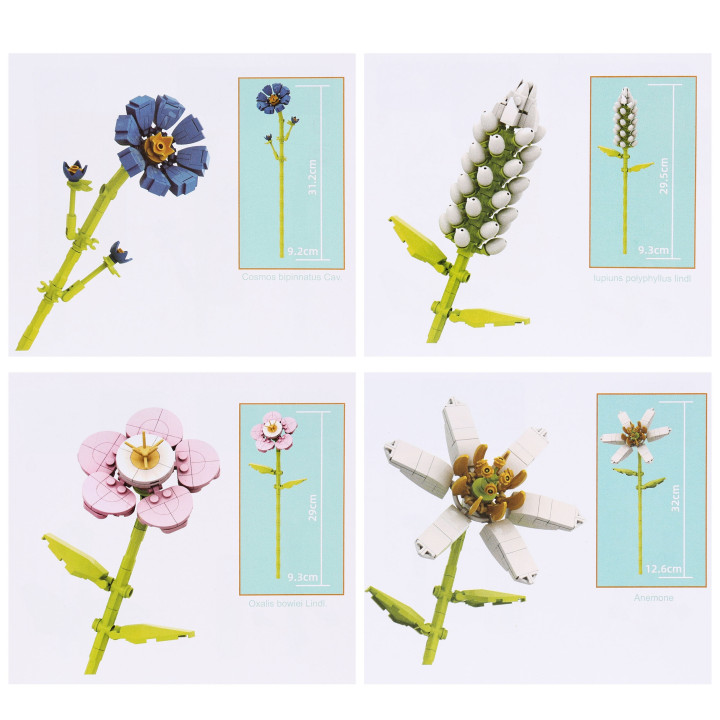Boeketten van bouwstenen, COMPATIBEL MET LEGO, 8 BLOEMEN in een vaas, DIY-SET, 793 onderdelen 6+
