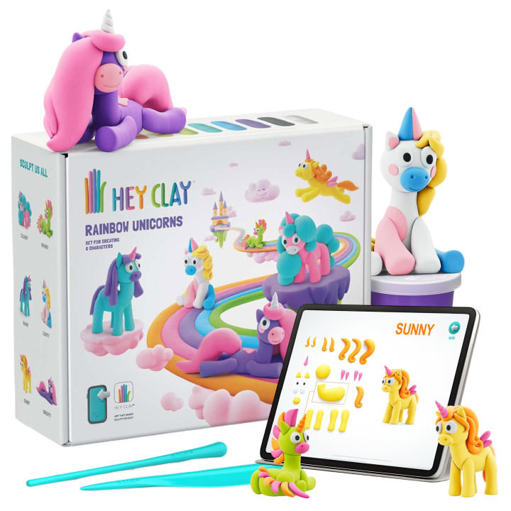 Hey Clay Regenboog eenhoorns, plastic massa + accessoires, foam boetseerklei, 15 kleuren