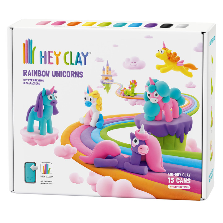 Hey Clay Regenboog eenhoorns, plastic massa + accessoires, foam boetseerklei, 15 kleuren