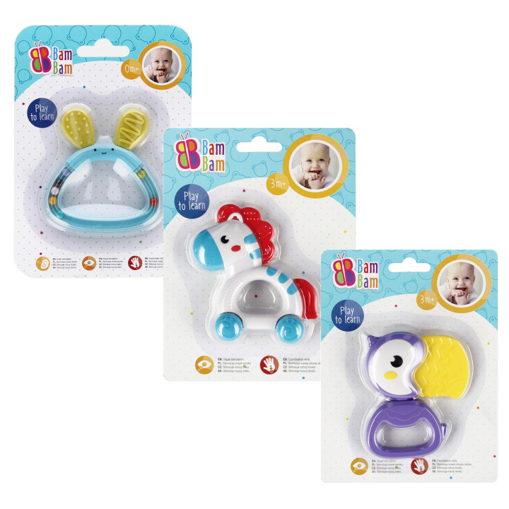 Bam Bam - Set babyspeelgoed: 3x dierenrammelaars zebra, haas, toekan
