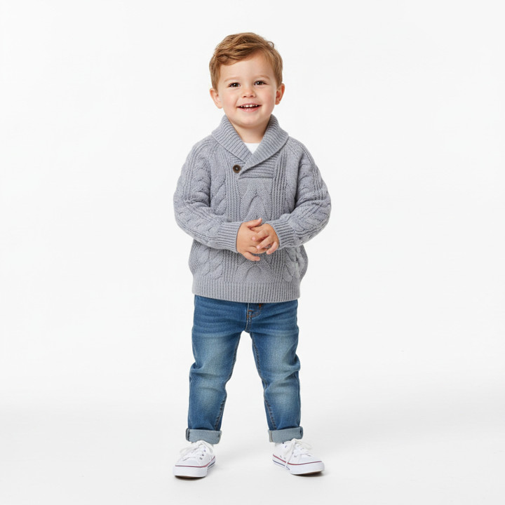 Grijze, warme kindertrui met grove tricot, wintertrui voor jongens