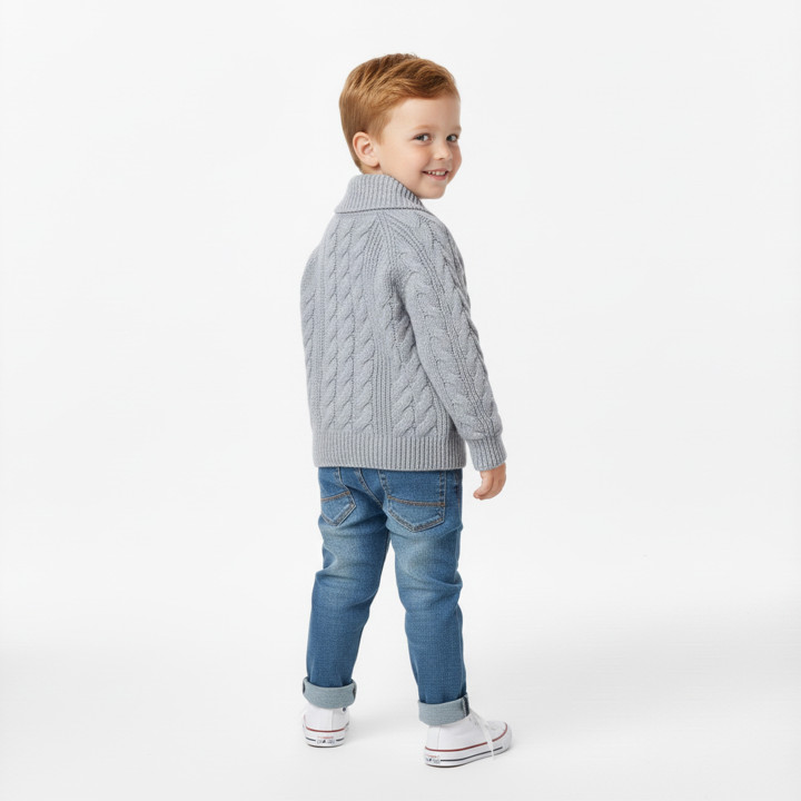 Grijze, warme kindertrui met grove tricot, wintertrui voor jongens