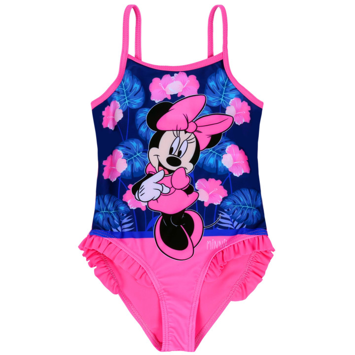 Donkerblauw-roze, eendelig badpak met schouderbandjes en Minnie Mouse ruches DISNEY