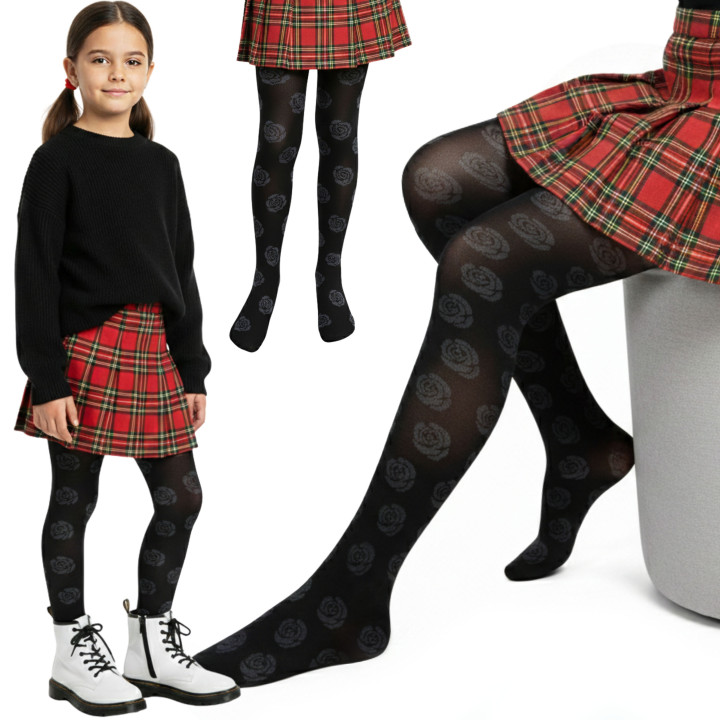 Set van 2 paar panty's voor meisjes – Zwart met bloemenpatroon, zacht en duurzaam