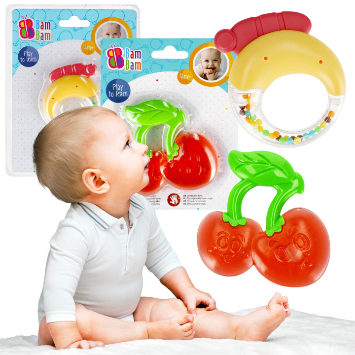 BamBam - Babyset rammelaar + kersenbijtring, educatief speelgoed