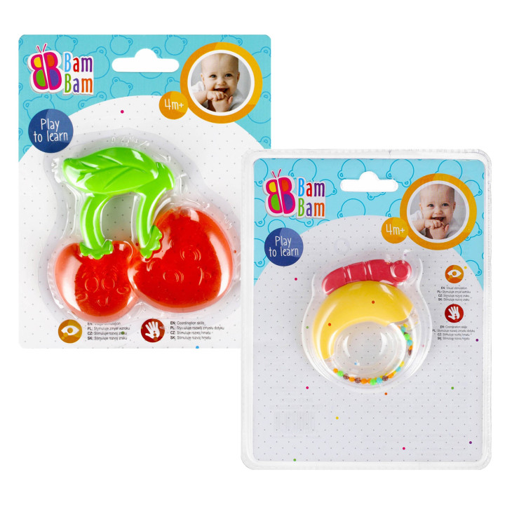 BamBam - Babyset rammelaar + kersenbijtring, educatief speelgoed