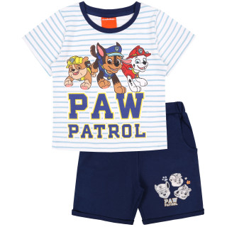 Een set wit-blauw shirt en shorts met Paw Patrol-motief