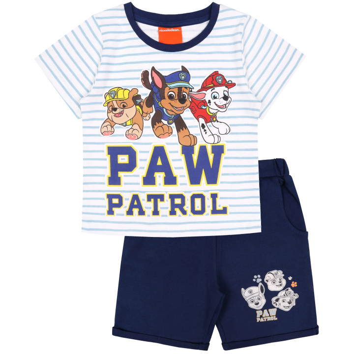 Een set wit-blauw shirt en shorts met Paw Patrol-motief