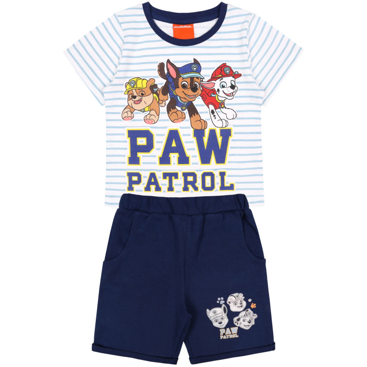 Een set wit-blauw shirt en shorts met Paw Patrol-motief