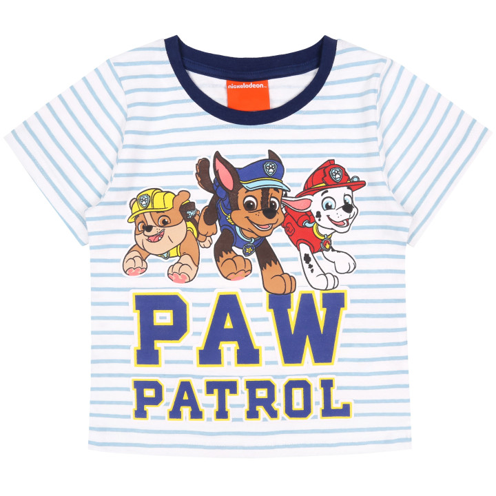 Een set wit-blauw shirt en shorts met Paw Patrol-motief