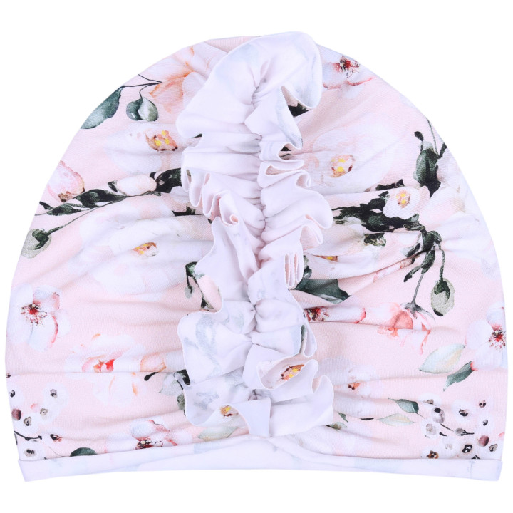 Perzik meisjesmuts/tulband met rozen