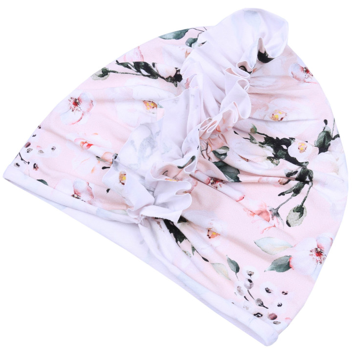 Perzik meisjesmuts/tulband met rozen